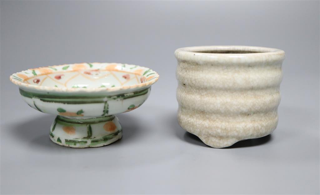 A Chinese straits famille rose stem dish, 4.5cm, and a crackle glaze censer